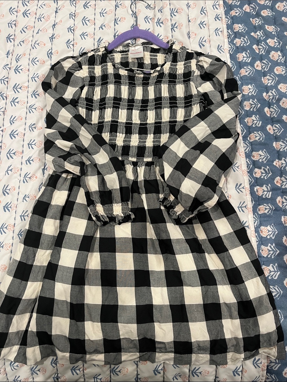 Hanna Andersson Black & White Buffalo Check Smocked Long-Sleeve Dress size 6/7